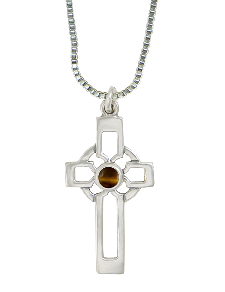 Sterling Silver Celtic Cross Pendant With Tiger Eye